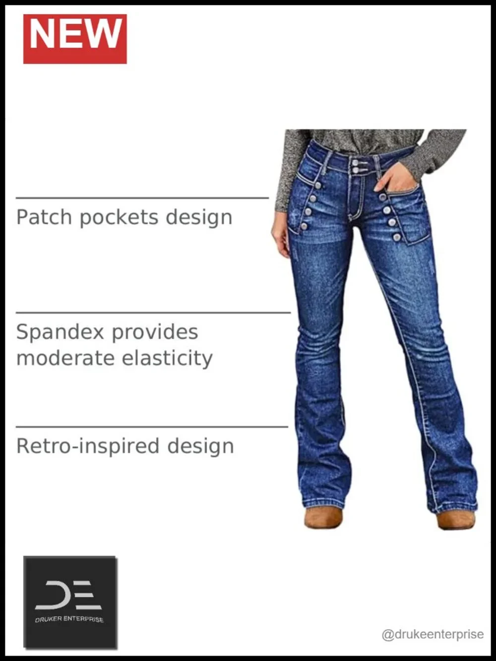 Bootcut Mid Waist Sailor Button Patch Pocket Denim Jeans